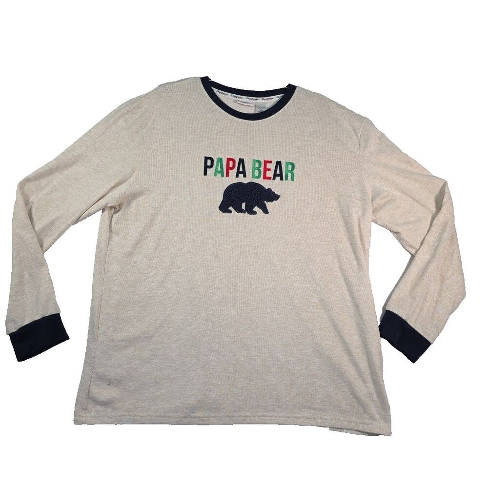 Dearfoams Papa Bear Shirt Mens XL Beige Navy Long Sleeve Pajama Top Lounge Soft